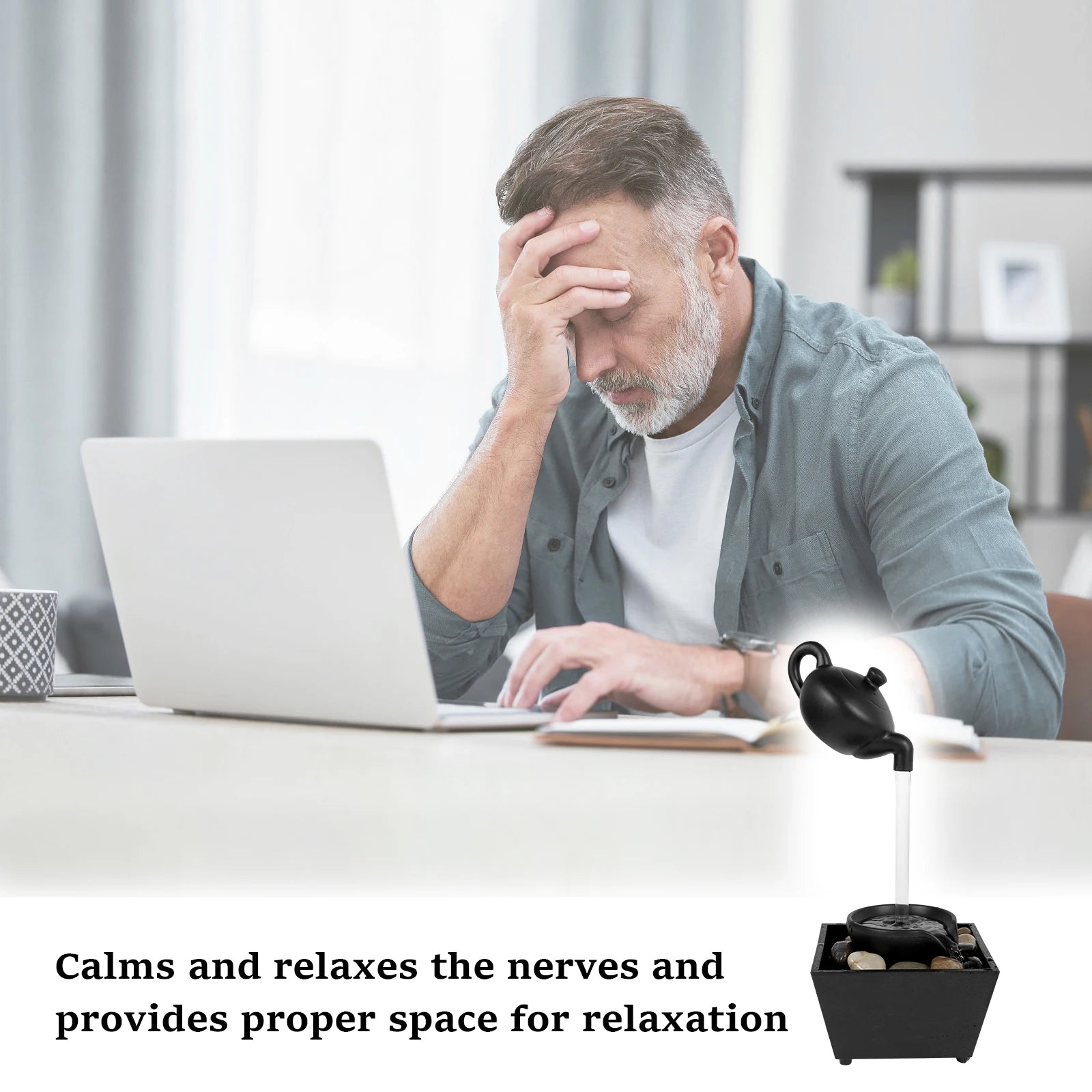 Fontaine de table, petite fontaine cascade, décoration de bureau avec lumière et galets, alimentée par USB, son relaxant, fontaine décorative