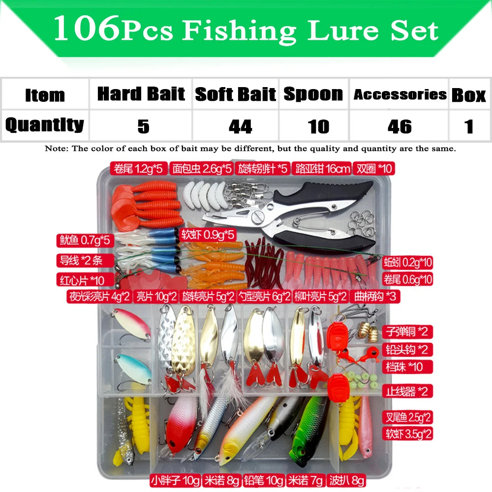 Kit de señuelos de pesca, juego de cebos blandos y duros, capa de engranajes Minnow, plantilla de metal, cuchara para bajo, lucio, accesorios de aparejos de manivela con caja
