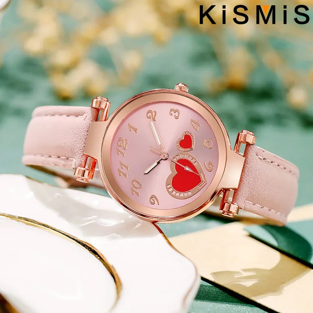Reloj de moda para mujer, reloj de cuarzo con corazón de durazno para mujer, correa de cuero esmerilado, reloj de pulsera para mujer, reloj de vestir informal, regalo para ella
