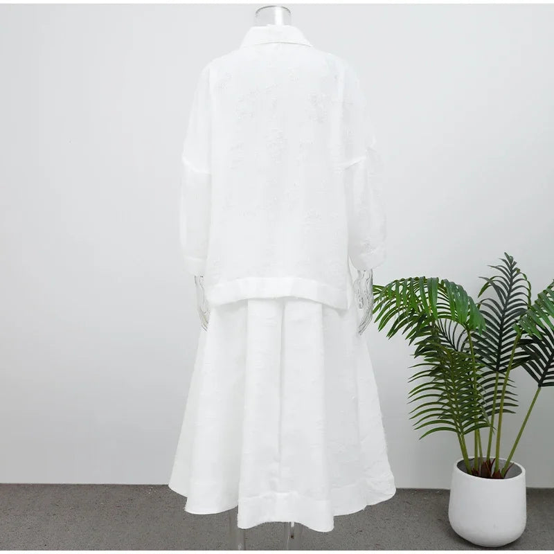 Conjunto de Falda Larga y Camisa con Borlas de Verano para Mujer Elegante Blanco Suelto Cintura Alta Plisada Maxi Faldas Trajes 2025 Ropa de Calle para Oficina