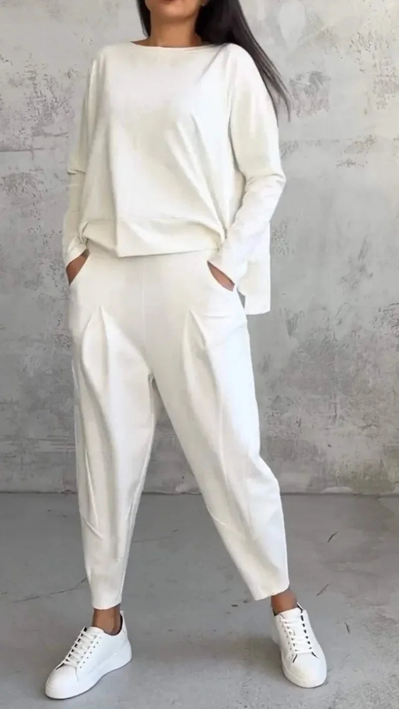 Conjuntos de dos piezas de pantalón para mujer, tops lisos de manga larga, cuello redondo, casual, pantalones largos de cintura media, bolsillos, elegante regular