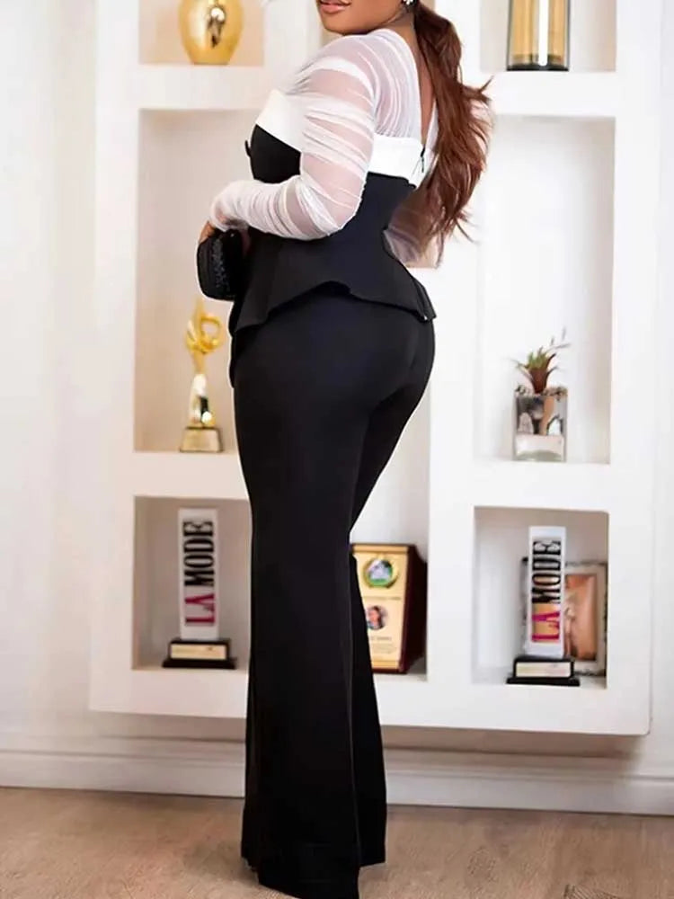 Conjunto de pantalones elegante de dos piezas para mujer, ropa de oficina femenina, top ajustado con mangas de malla blanca y pantalones holgados, conjuntos sexys y chic para primavera