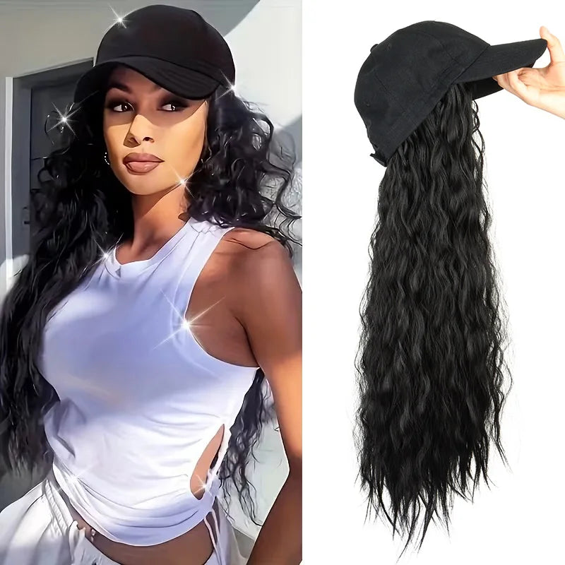 Perruque Chapeau de Baseball Synthétique Longue Frisée Crépue 24 Pouces Réglable Respirante Extension de Cheveux Perruque pour Femmes Facile à Porter