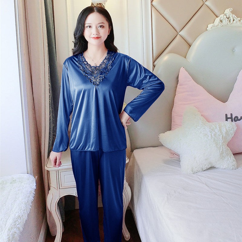 Women's Pajamas Set Summer Long Sleeve And Pants Pyjamas Two-piece Set Pajama Ice Silk Satin Sexy Sleepwear Home Suit Loungewear