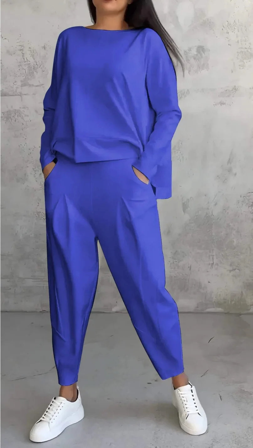 Conjuntos de dos piezas de pantalón para mujer, tops lisos de manga larga, cuello redondo, casual, pantalones largos de cintura media, bolsillos, elegante regular