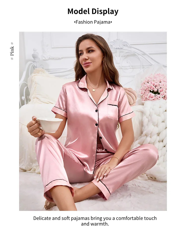 Conjuntos de pijama para mujer, otoño, manga corta, top con botones y pantalones, ropa de dormir de 2 piezas, conjunto de pijama con botones, ropa de casa, ropa de estar de satén