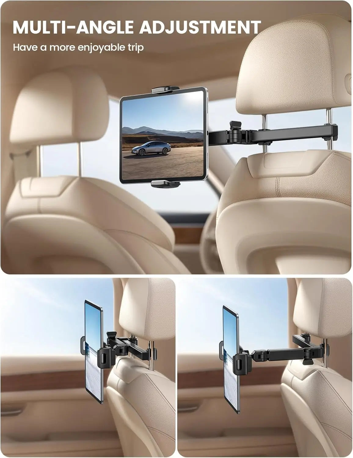 Adjustable Car Headrest Tablet Holder with Extension Arm for 4.7-11" Devices, Ideal for Kids Road Trips