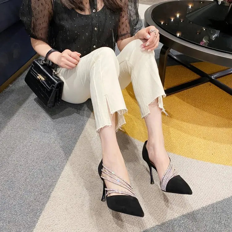 Zapatos de tacón alto para fiesta de noche de mujer, nuevos zapatos de salón elegantes para mujer, de punta, negros, con tiras, para mujer
