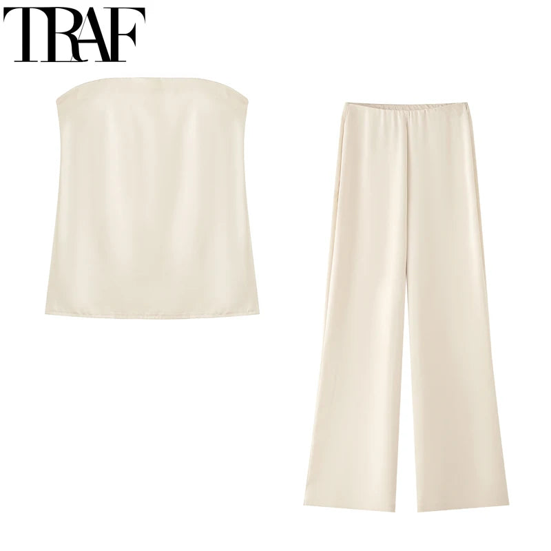TRAF Pants Set 2 Piece Woman Wide Pants Smooth Sets Strapless Tanks & Camis Women's Set Two Pieces Crop Top And Bottom Set 088