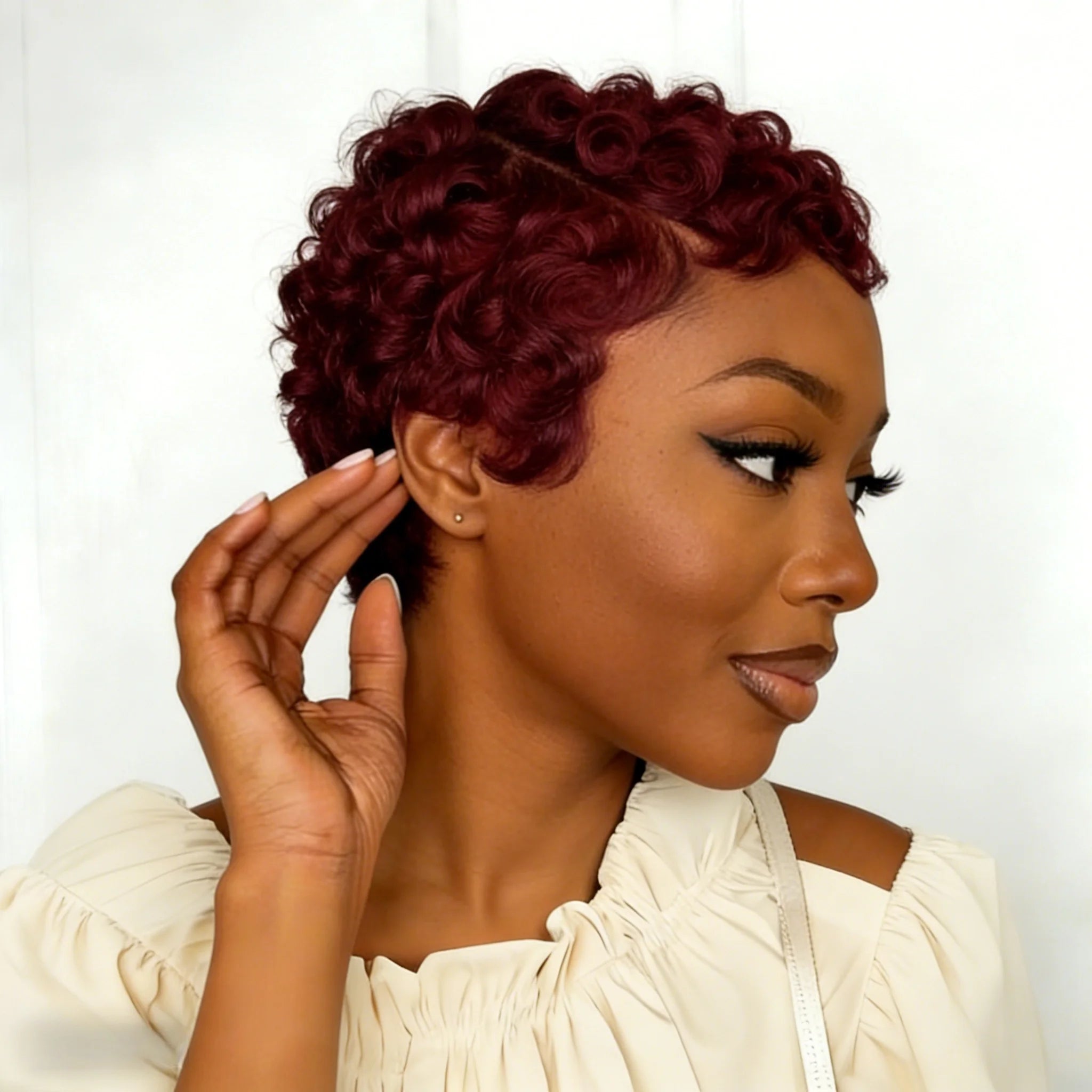 BrazilianHuman Hair Short Pixie Cut Wig Full Machine-Made with Bangs Loose Curl for Women Daily Wear