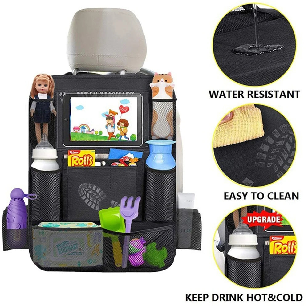 Organizador de respaldo de asiento de coche con soporte para tablet de pantalla táctil, bolsillos de almacenamiento automáticos, protectores de respaldo de asiento de coche para viajes de niños