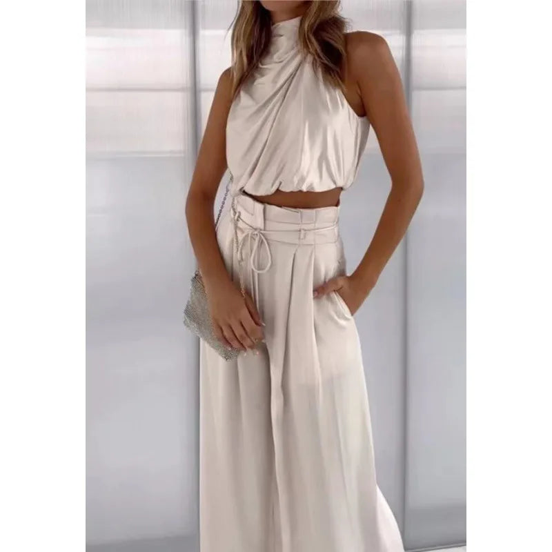 Ensemble deux pièces pour femme, pantalon ouvert au nombril, haut sans manches en soie plissée, pantalon large, ensemble assorti d'été 2024