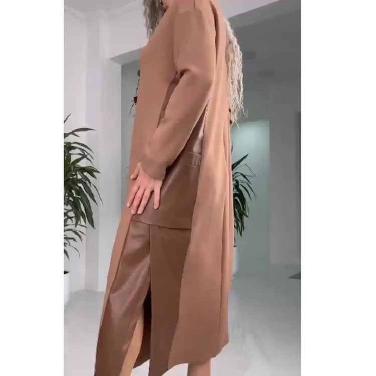 Elegante Vestido Marrón de Otoño Moda Cuello Redondo Manga Larga Retales Abertura Lateral Ropa Urbana Vestidos con Bolsillos Para Mujer Vestidos Nuevos