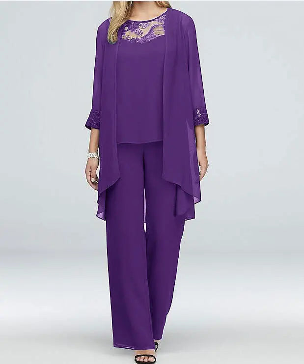 Conjuntos elegantes de pantalones para mujer, traje formal de oficina, tallas grandes, gasa, encaje, pantalones rectos, cárdigan, tops, conjuntos de 3 piezas para mujer