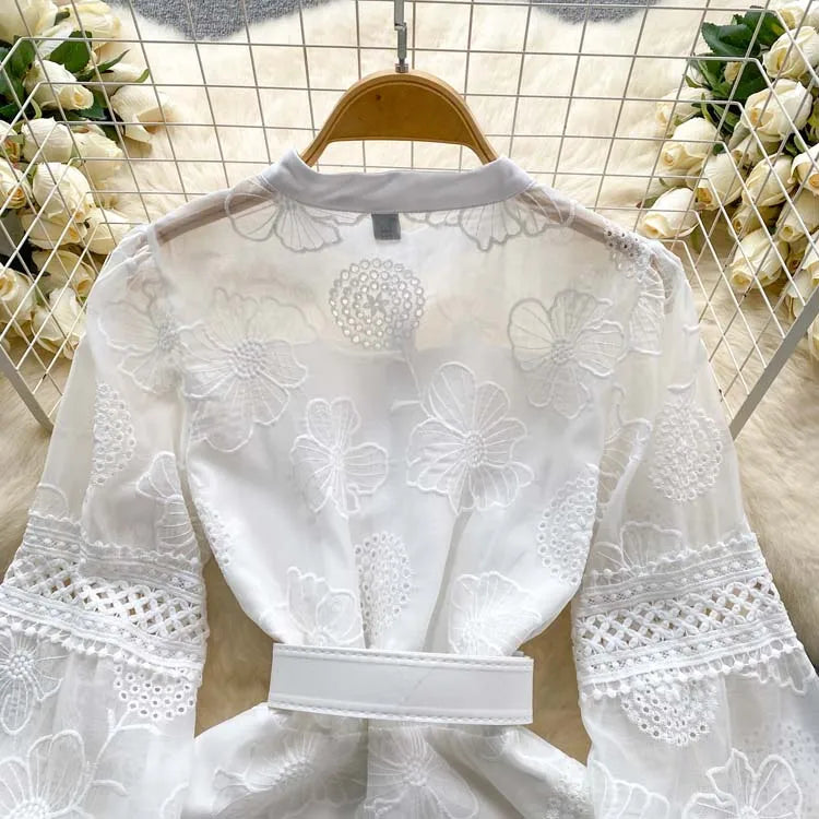 Vestido camisero de lujo para mujer de encaje blanco y negro, nuevo bordado vintage, manga farol con cinturón, ropa sexy INKEO 4D062