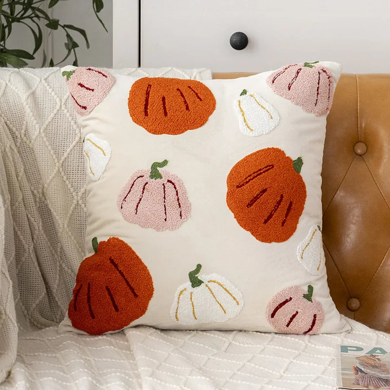 Funda de cojín bordada con toalla, bordado de calabaza de Halloween, funda de cojín de oficina de otoño