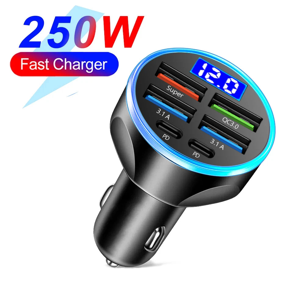 Cargador de coche PD 66-250W QC3.0 Carga rápida Seis en uno Enchufe encendedor de coche Cargador de coche Carga flash con pantalla digital