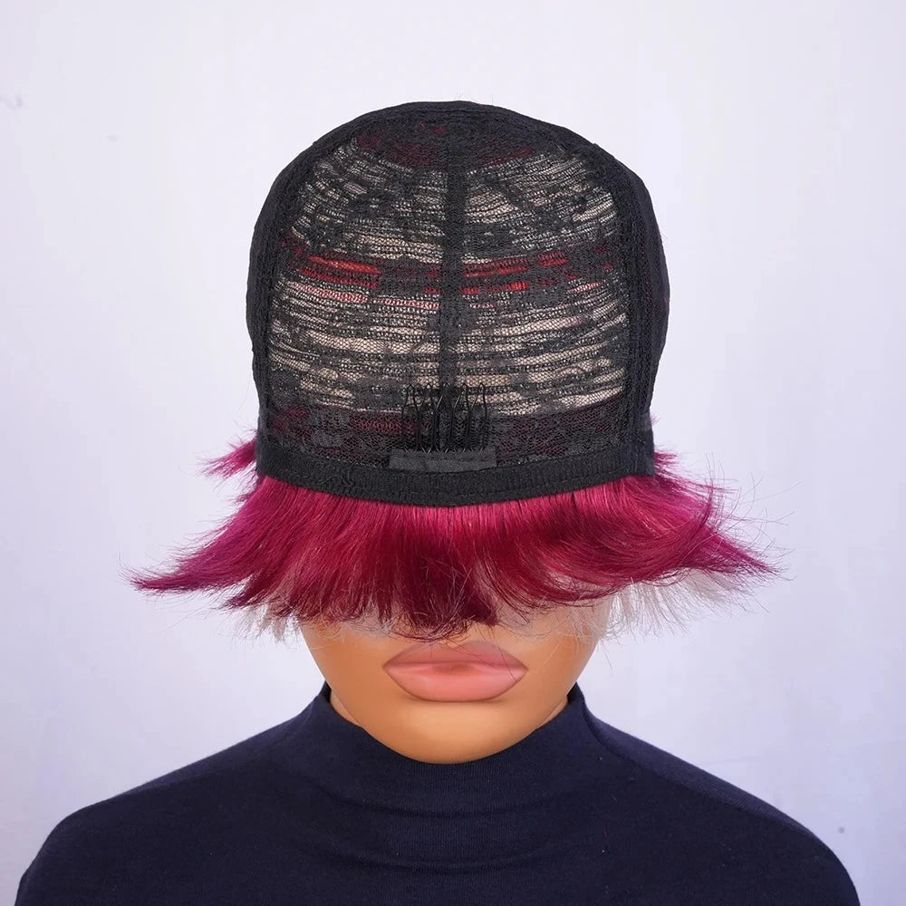  Peluca de cabello humano rubio y 99J corto Pixie, peluca lisa con gorra de red de rosa, hecha a máquina, de aspecto natural, peluca de pelo corto 