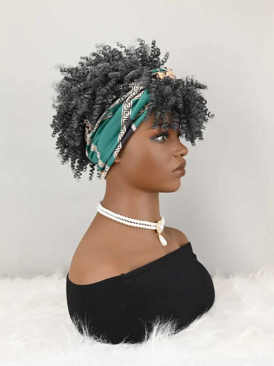 Pelucas de Diadema para Mujer, Peluca Afro Rizada con Pelo Corto Sintético, Pelucas con Diadema Incorporada, Pelucas con Pañuelo de Cabeza