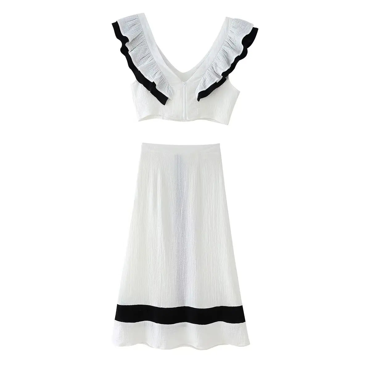 Elegantes Conjuntos de Falda para Mujer Cuello de Pico Manga Volante Top Contraste Falda de Cintura Alta Femenina Conjunto de 2 Piezas Vacaciones 2024 Traje de Falda sin Mangas