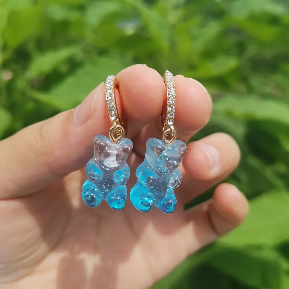 Pendientes colgantes de oso de gominola de acrílico bonitos para mujer, pendientes de aro de oso arcoíris CZ, joyería dulce de niña, moda coreana 2022