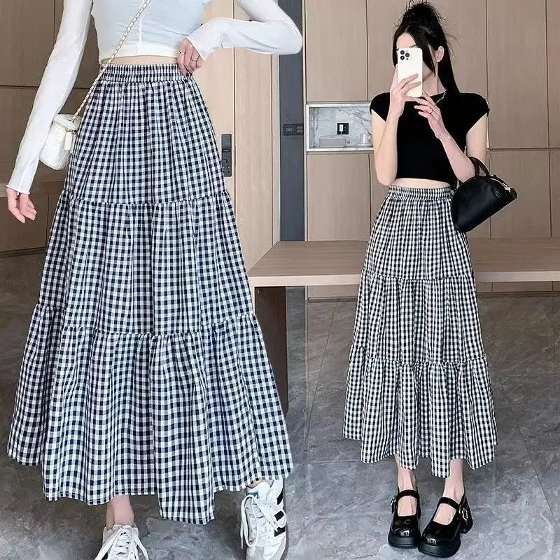 Patchwork Tiered Skirt Women Summer Vintage Checkered High Waisted Elastic Waist Slimming Midi Skir