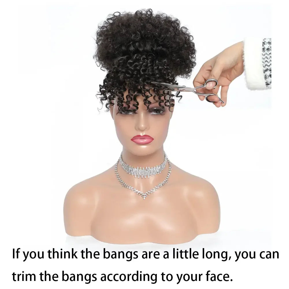 Synthetic Afro Puff Hair Bun Extensions Drawstring Ponytail With Bangs Short Kinky Curly Pineapple Clip in on Wrap Updo Ponytail