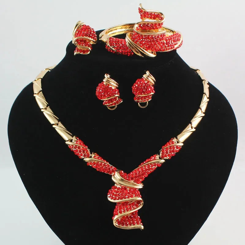Conjuntos de joyas de cuentas africanas, collar llamativo, pendientes, brazalete, anillos finos para mujer, accesorios de fiesta de boda con diamantes de imitación