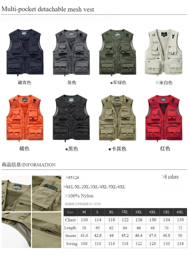 Chaleco de hombre, verano, casual, para fotografía, pesca, chaleco multibolsillos, de ocio al aire libre, para montañismo, sin mangas, con cuello en V, logotipo personalizado