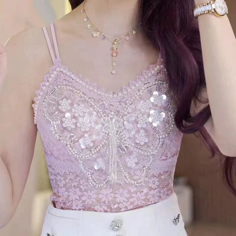 Ropa de mujer, top corto sexy con abalorios pesados y estampado floral, top de encaje de mariposa, top corto que deja el ombligo al descubierto, camiseta de tirantes de verano.
