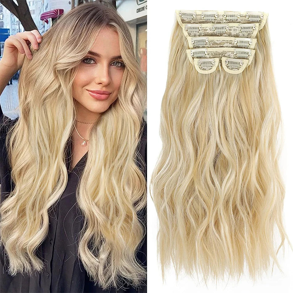 Forlengelser Lang Syntetisk Klips I Hår Bølget Klips I Hårforlengelser 6 stk/sett Syntetisk Ombre Blond Brun Tykk Hårstykker