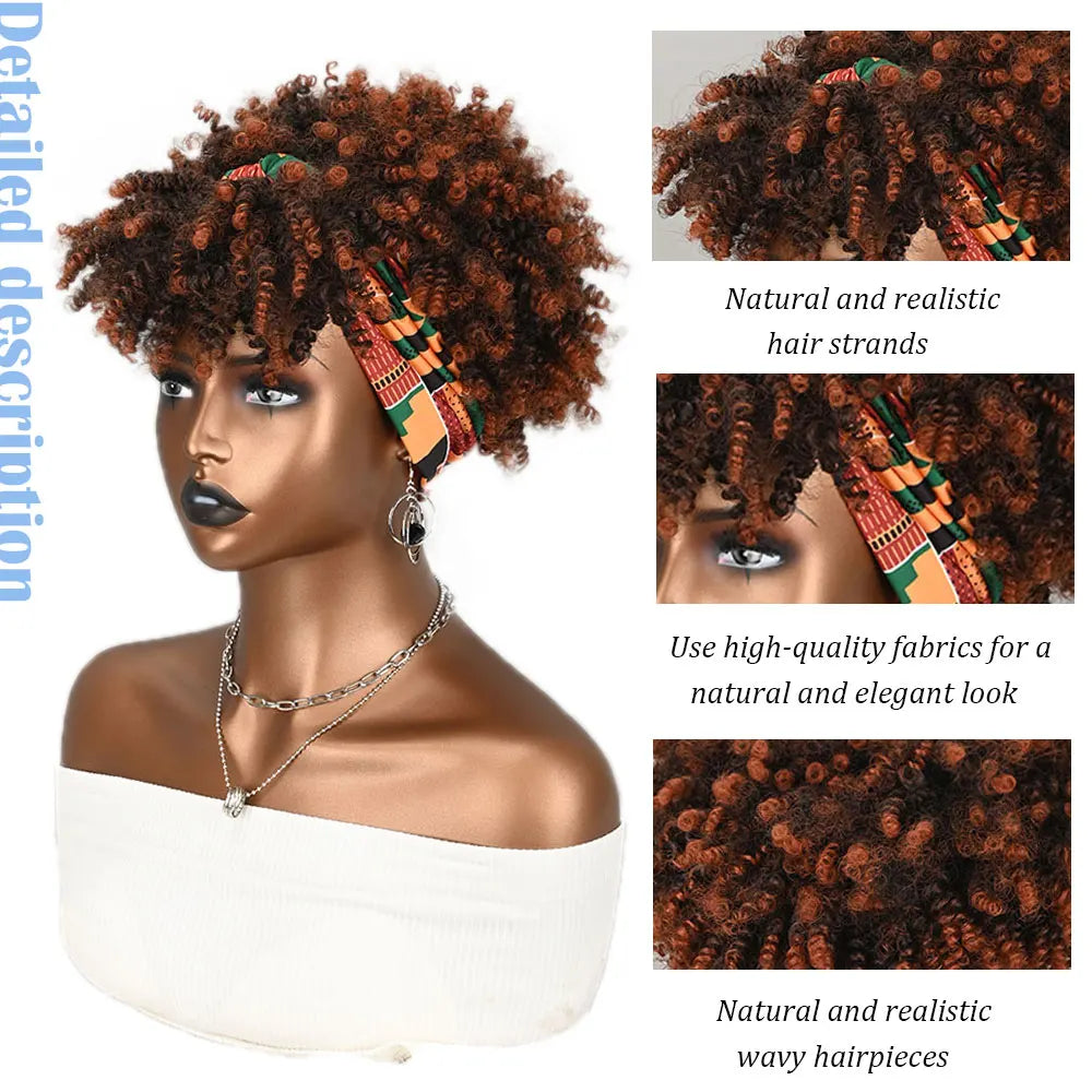Peluca sintética rizada afro corta con diadema para mujer, peluca rizada con flequillo de color marrón ombré con pañuelo estampado sin pegamento y sin encaje.