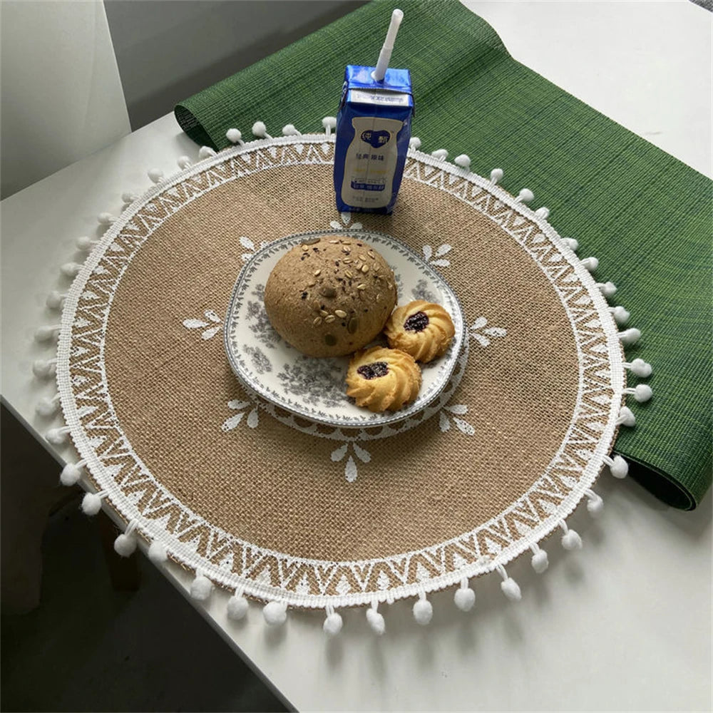 Vintage Pastoral Round Cotton Linen Placemats Handwoven Jute Tassels Placemats Soft Non-slip Table Pads Vase Mats Accessories