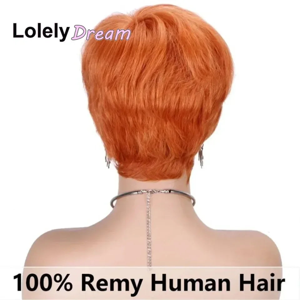 Peluca Lolely Dream Corta Naranja Jengibre 100% Cabello Humano con Flequillo, Peluca Lisa Remy Hecha a Máquina, Peluca Bob con Capas, Corte Pixie para Mujeres