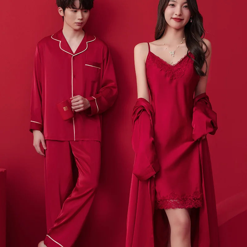 Red Pajamas Set For Couple Women Bathrobe Nightdress Pijamas Sleepwear Men Shirt Pants Summer Loungewear Satin Home Clothes