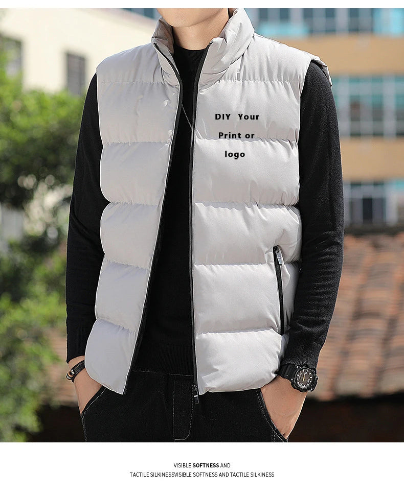 Chaqueta de invierno cálida para hombre, abrigos para hombre, chaleco de plumón con cuello alto grueso, chaquetas de gran tamaño, chaleco acolchado sin mangas con cremallera