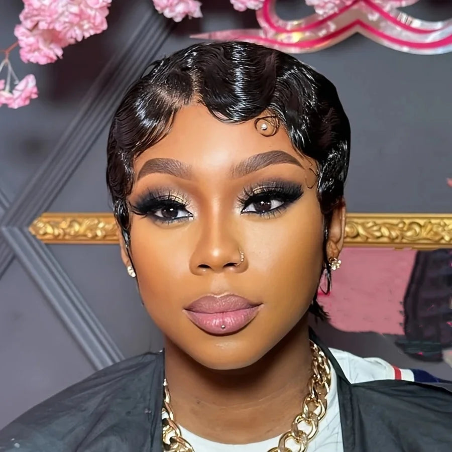 Pixie Cut Human Hair Wig Finger Waves Premium Full Machine Made 150% Density