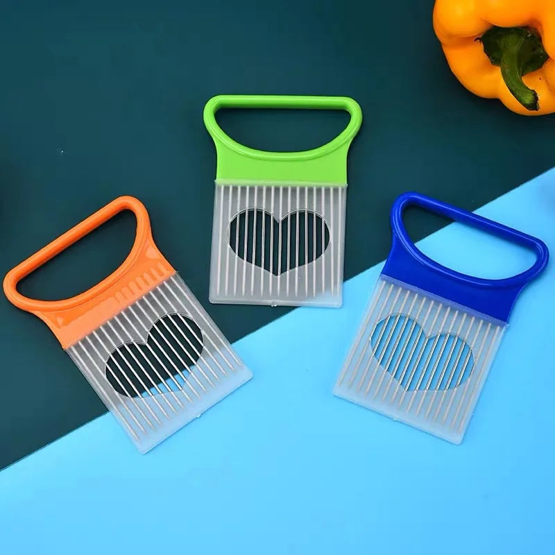 Rebana cebollas sin esfuerzo con este rebanador de cebollas de 1 pieza de colores, soporte de acero inoxidable para patatas fritas y cebollas para cortar asistido.