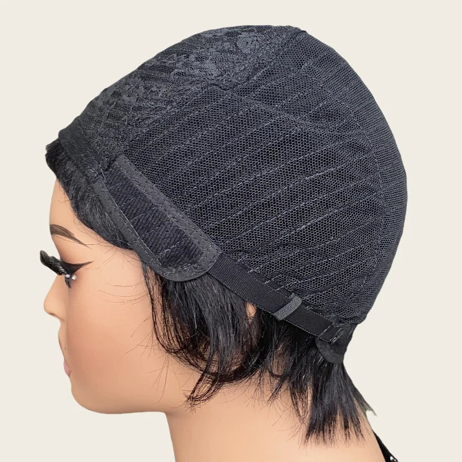 Peluca Corta Pixie Lacia de Cabello Humano con Flequillo Cabello Peruano Hecha a Máquina Completa Corte Pixie en Capas para Uso Diario