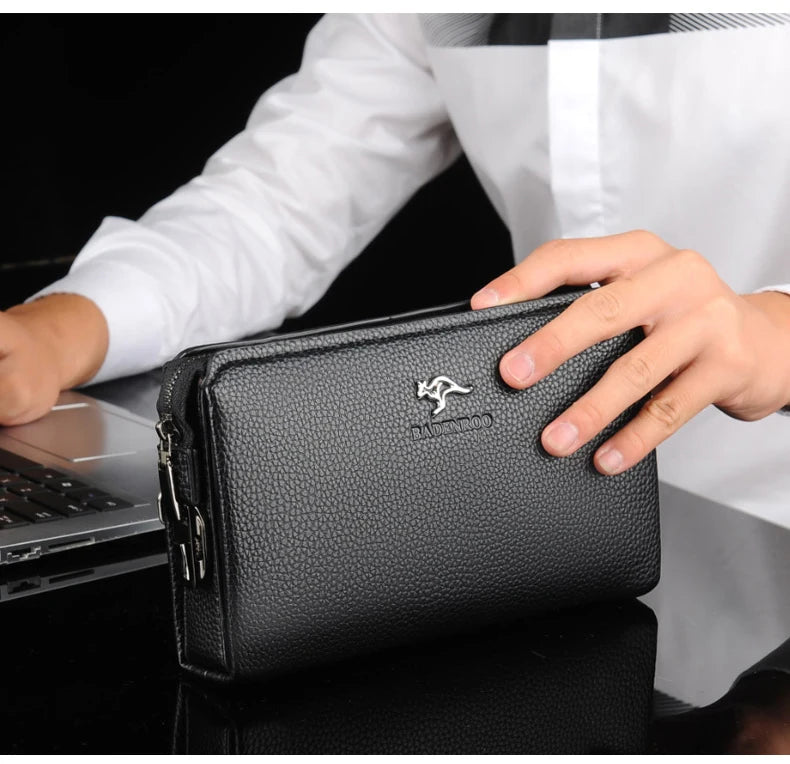 Luksusmerke Herrelommebok Skinn Lang Lommebok PU-skinn Lommebok Herre Dobbel Glidelås Myntlomme Pung Forretnings Clutch Telefonveske