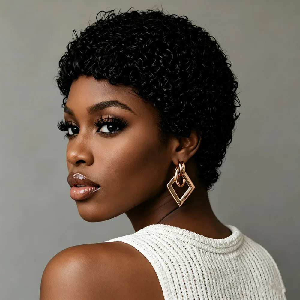 perruque pixie perruque courte afro bouclée de 4 pouces en cheveux humains, couleur noire, densité 150%, perruque courte bouclée en cheveux humains coupée pixie, faite à la machine