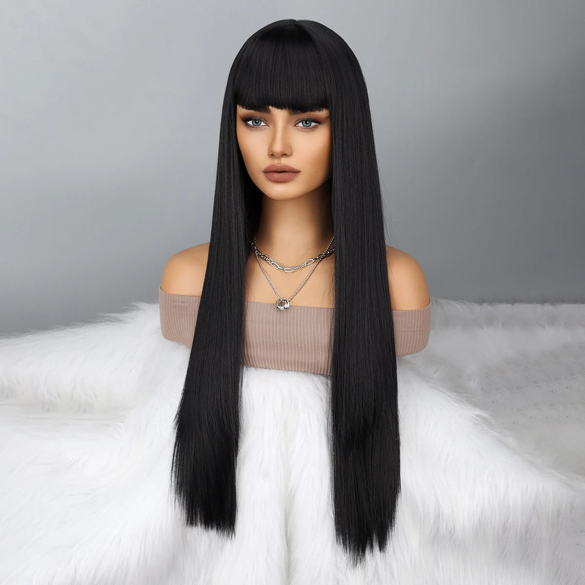 Long Straight Remy Hair Wigs Natural Black Heat Resistant Fiber Hair Full Machine Wig with Bangs Cosplay Party Wig For Fashion