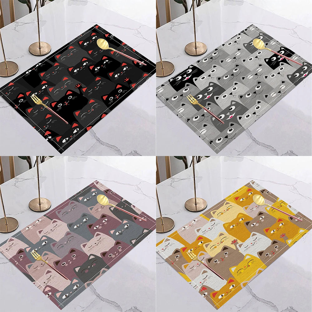 Cute Cats Print Print Placemats Linen Kitchen Dining Table Decor Accessories Heat Resistant Linen Tableware Pads Mats