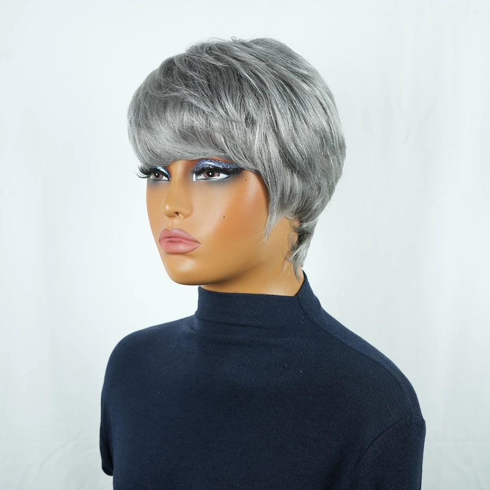 Gray Human Hair Pixie Cut Wig Short Silver Color with Pre Plucked Bangs for Women Brazilian Remy Hair Machine Made Pixie Cut Wig