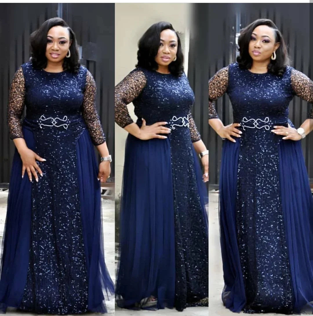 Women Africa Dresses Lace Party Dress O Neck Solid Long Sleeve Loose Kanga A Line Sequins Full Length Vestidos World Apparel