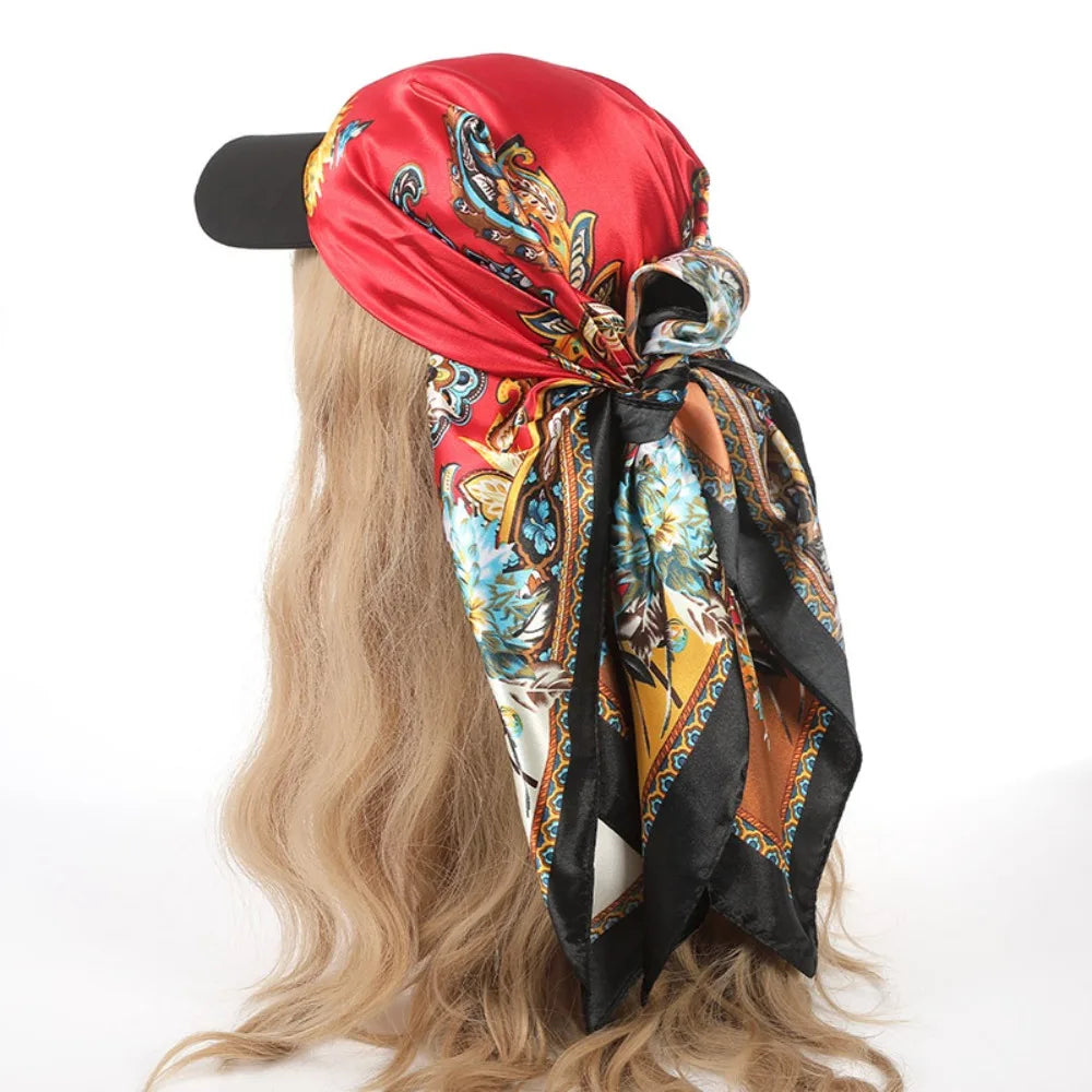 Fashion Satin Silk Headscarf Hat with Brim 2-in-1 Square Scarf Cap Printed Elegant Turban Wrap
