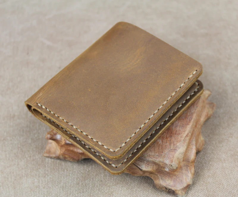 Cartera de lujo hecha a mano de cuero genuino Crazy Horse para hombre, cartera pequeña de cuero para hombre, monedero corto con clip para billetes, bolsa para dinero, café negro
