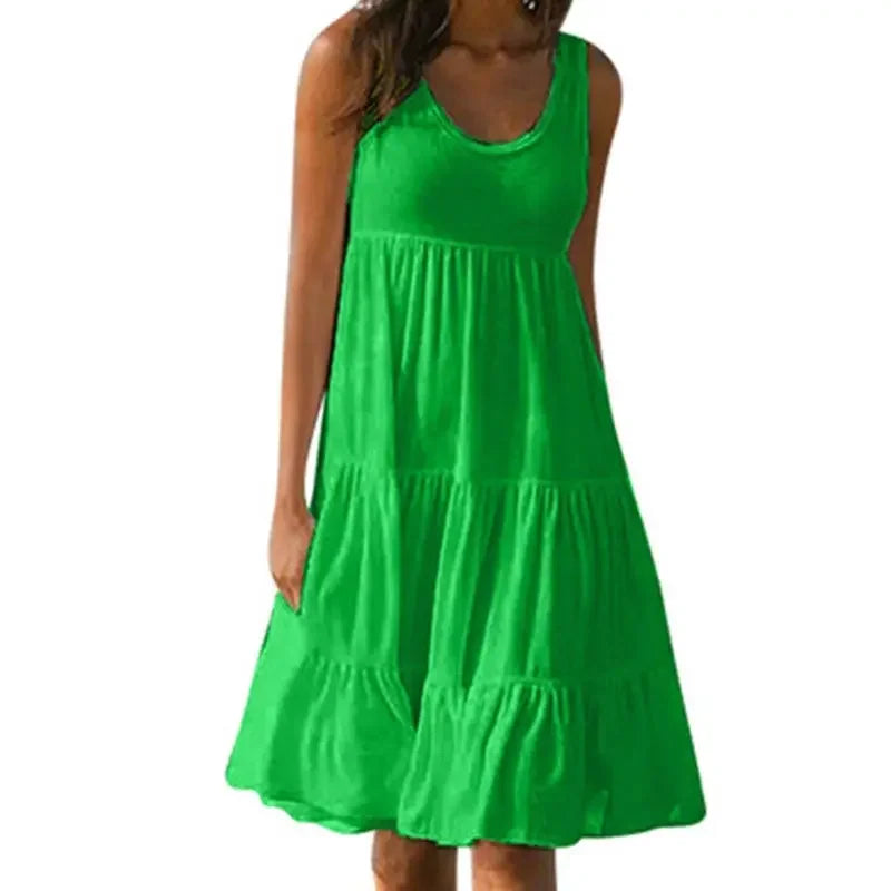 Vestido casual de mujer con cuello redondo, sin mangas, con volantes, minivestido boho liso para playa, vestido suelto oversize, verano 2024