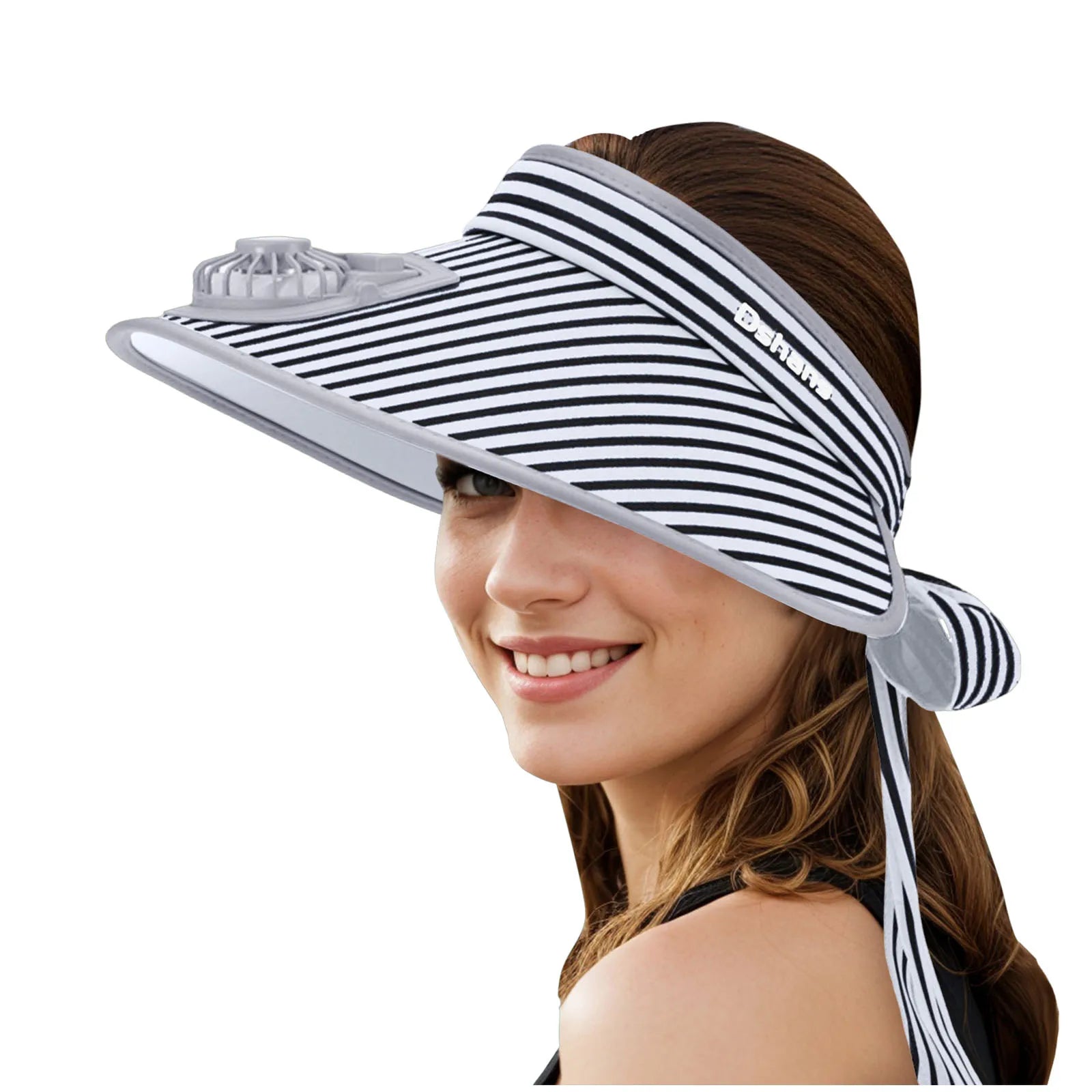 Gorro de sol con ventilador solar para mujer, moda, rayas, parte superior vacía, sombrero de verano con ventilador, visera bonita con tiras y lazo, sombreros de playa para exteriores