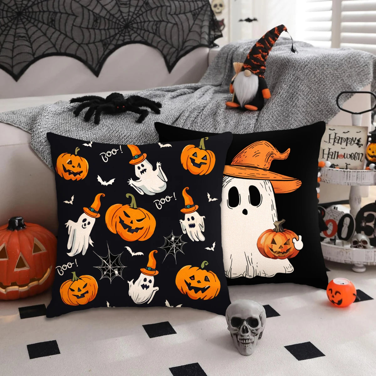 1 ud./4 Uds. Funda de almohada decorativa de Halloween, funda de cojín de truco o trato, fantasma, cabeza de calabaza, funda de cojín de sofá con decoración de murciélago
